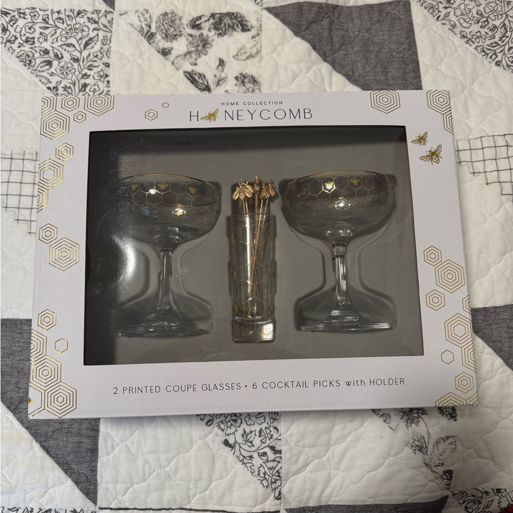 Williams Sonoma coupe glasses, cocktail picks, and holder